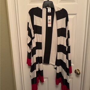 Jones New York Black and White Striped Cardigan with Red Trim